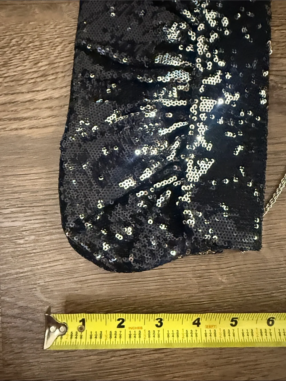 White House Black Market Black Sequin Clutch with silver chain strap - Picture 4 of 8